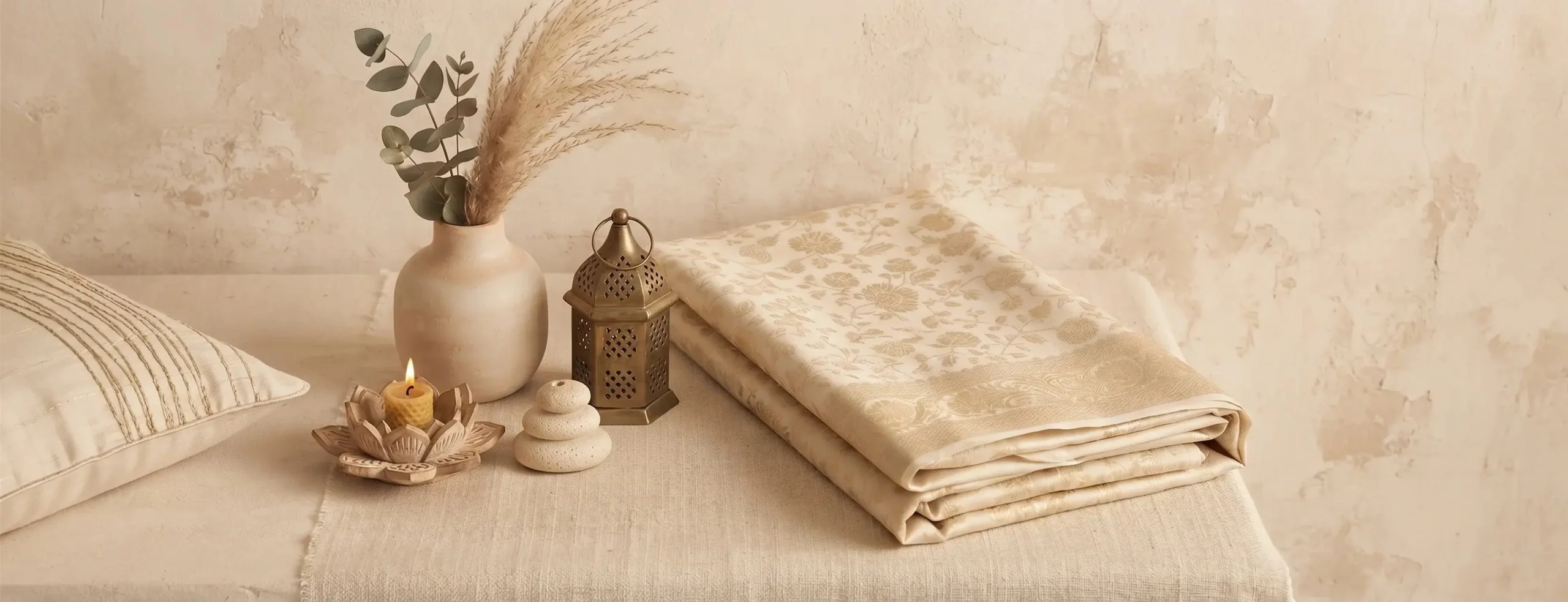 Gold ribboned gift box with dried flowers and block-printed textiles
